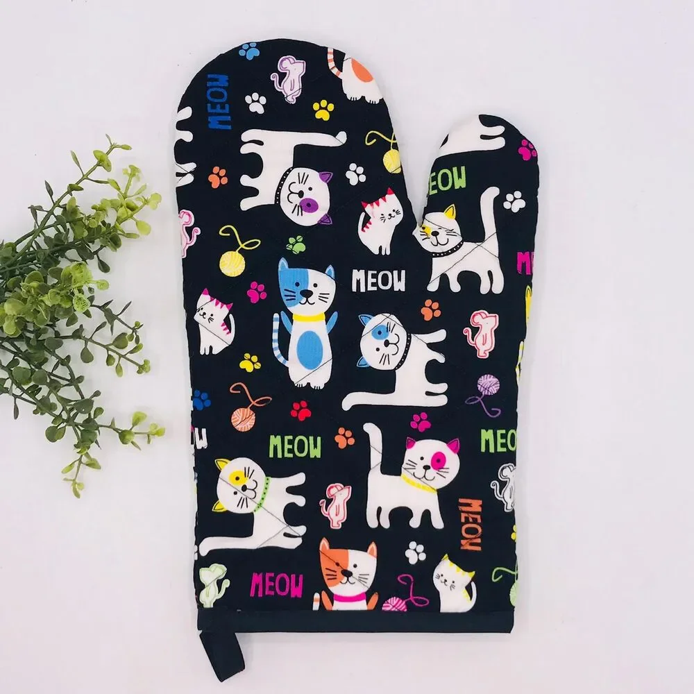 Oven Mitt: Colorful Cats Meow on Black Baking Mitt Gift Cottage